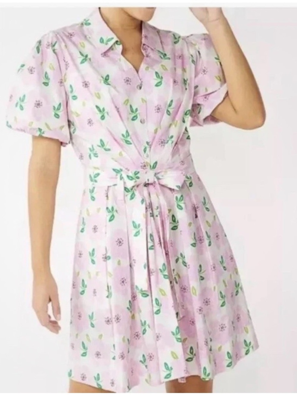 Draper James Pink Floral Shirt Dress with Green Leaf Print